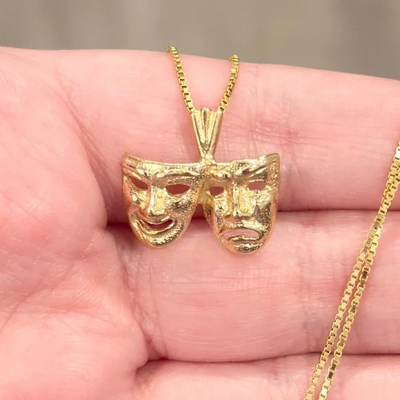 14K Drama Comedy Mask Pendant Yellow Gold Michael Anthony Actor Theater Thespian - Picture 3 of 14